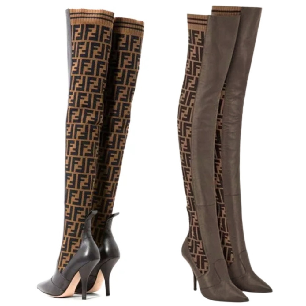 Fendi Rockoko Brown FF Logo Stretch Knit Sock Thigh High Boots - 35